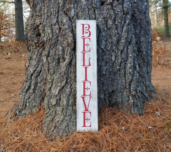 Vertical Decorative Wood Sign, Believe in White and Red For Christian Christmas Yard Decor