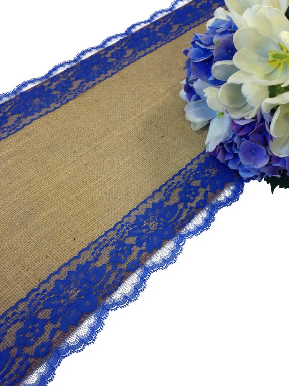 Burlap and ROYAL BLUE Lace Table Runner Rustic Wedding Table