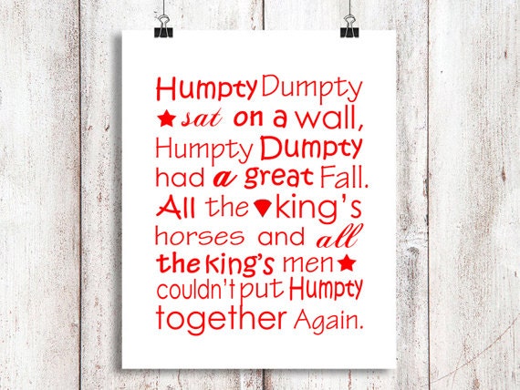 song download of lovely lyrics Nursery Download, Humpty Dumpty Rhyme, Lyrics DIY Song Instant Print,