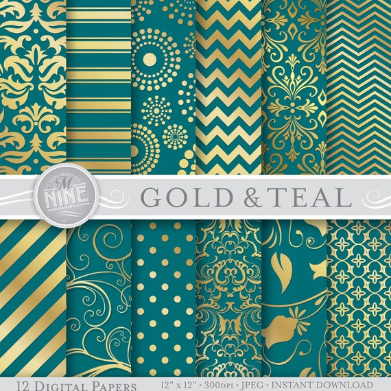 GOLD &amp; TEAL Patterns 12 x 12 Digital Paper Pattern