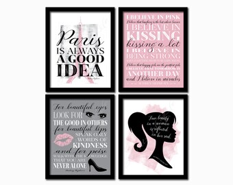 Set of 4 Audrey Hepburn quote printables. Instant download print. Subway art. Paris is always a good idea. I believe in Pink. Silhouette.