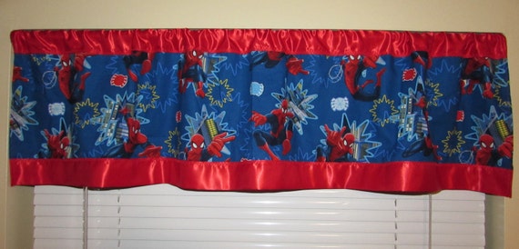 Spiderman satin edge curtains/cotton valance/red satin edge