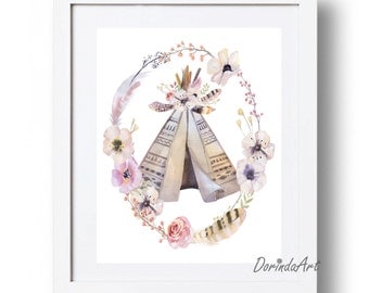 Floral Teepee Print Printable Boho Girls wall art Blush Lilac Pink Watercolor Bohemian Nursery Teepee Wreath Art 8x10 11x14 16x20 DOWNLOAD