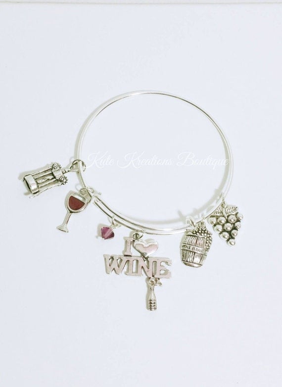 I Love Wine bracelet, Adjustable Bangle, Expandable, Stainless Steel.