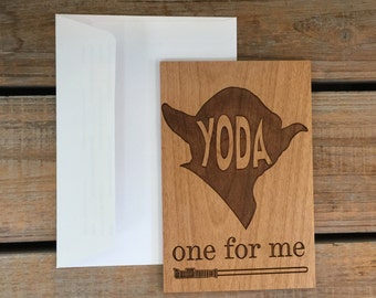 I Love You Card, Wood Card,Real Wood Card-Yoda One for me, Anniversary Card,Birthday Card,Valentine's Day Card,Cute Card, Star Wars inspired