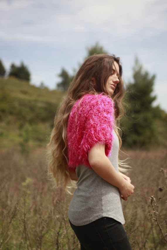 Bubble gum pink knit shrug faux fur shrug hot by ThreeBirdsSitting
