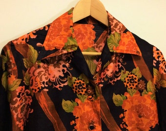 vintage blouse floral orange silk 1960s exclusive fashion blouse