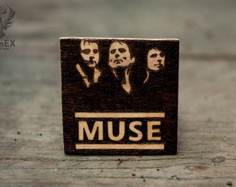 Magnet with pyrography, rock, music, muse, muse band, matthew bellamy, dominic howard, original surreal art, emblem