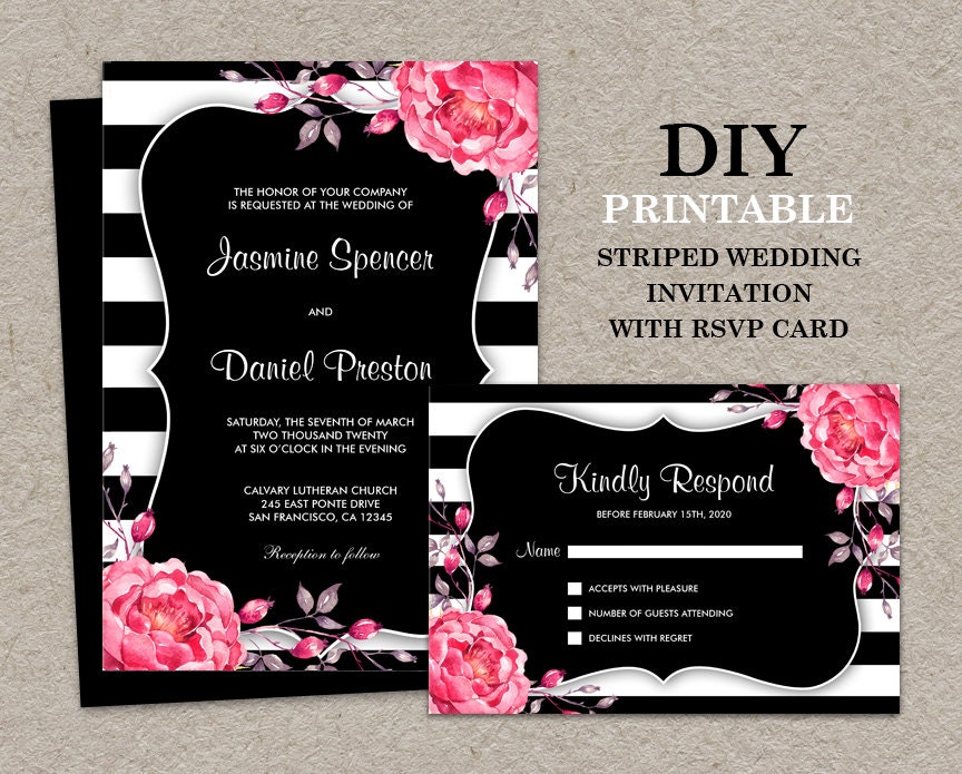 Floral Black And White Stripe Wedding Invitation With RSVP