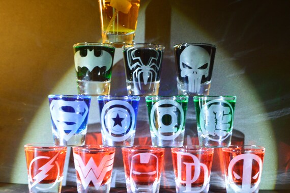Super heroes etched shot glass set of 13 fan art