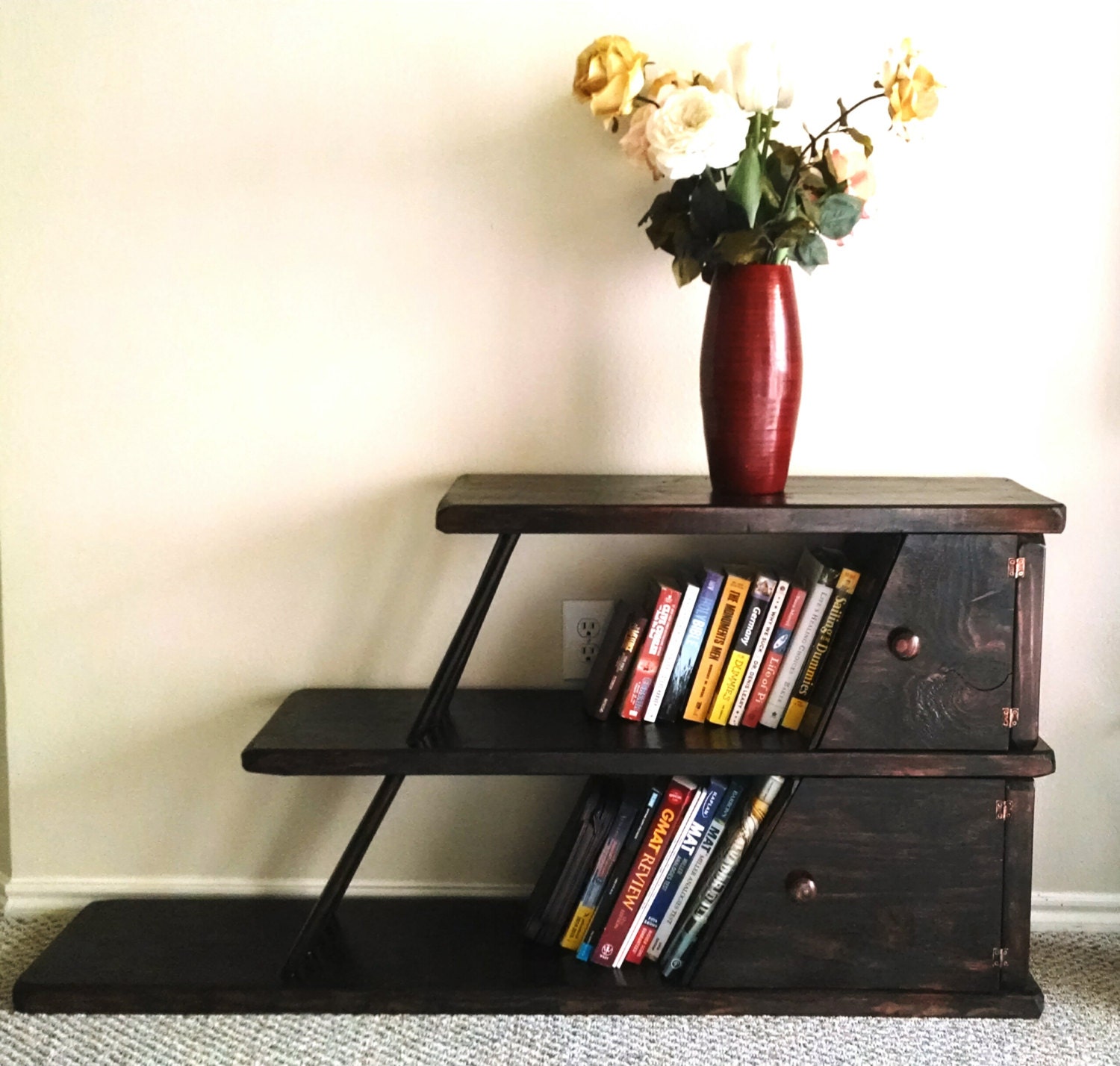 Leaning bookshelf. Unique modern vintage furniture.