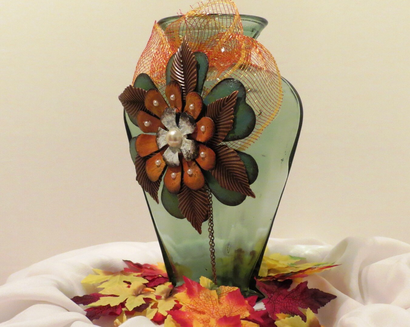 Green glass vase/ Colorful metal flower/ Flower by ViVasecious