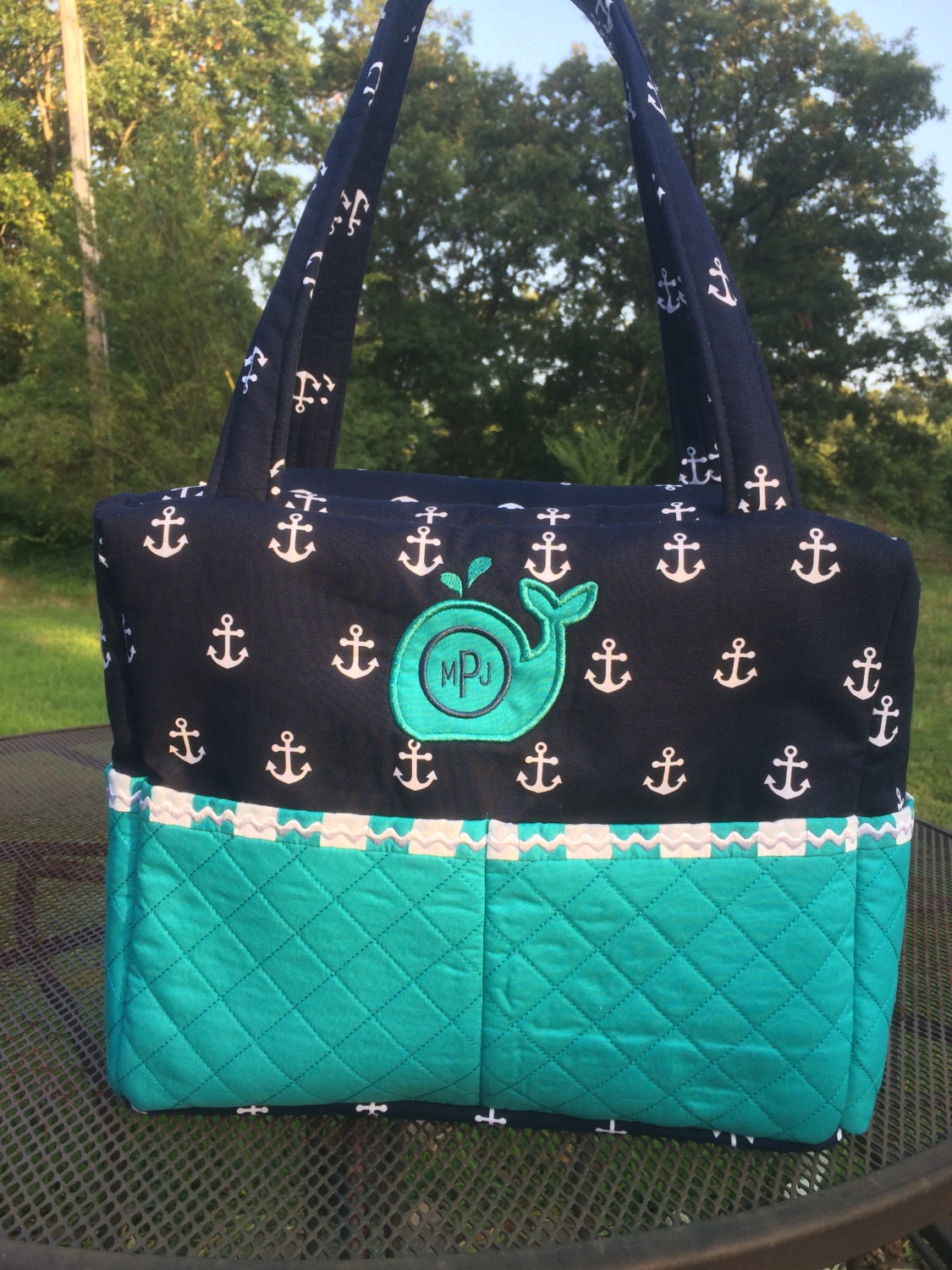 Nautical Diaper Bag with Whale applique Whales sea ocean