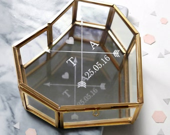 Geometric Heart Jewelry Box, Personalised Glass Box, Valentines Gift For Her, Personalised Jewellery Box With Initials And Date
