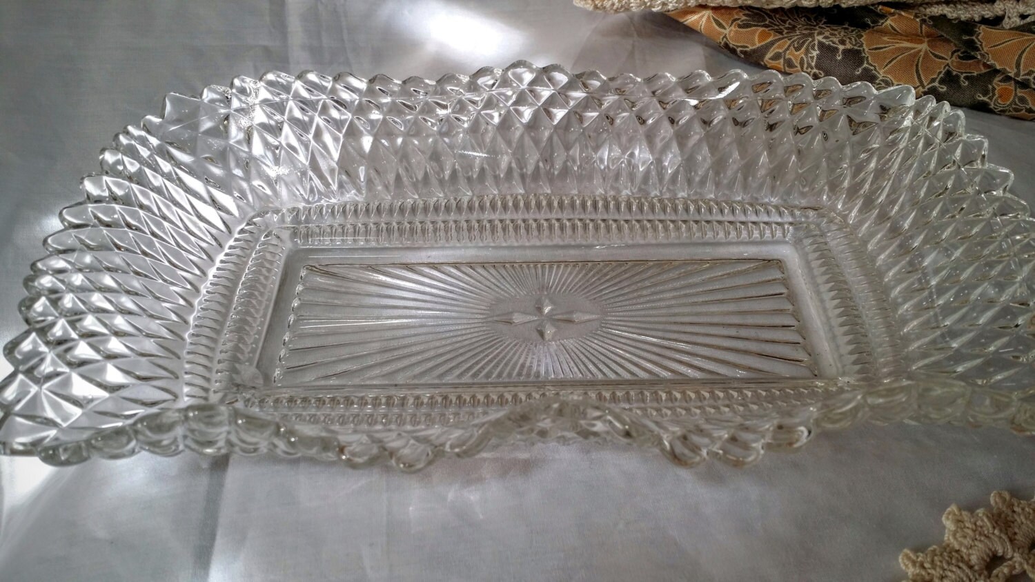 Wavy edge diamond pressed glass dish candy dish by JailbirdJunque