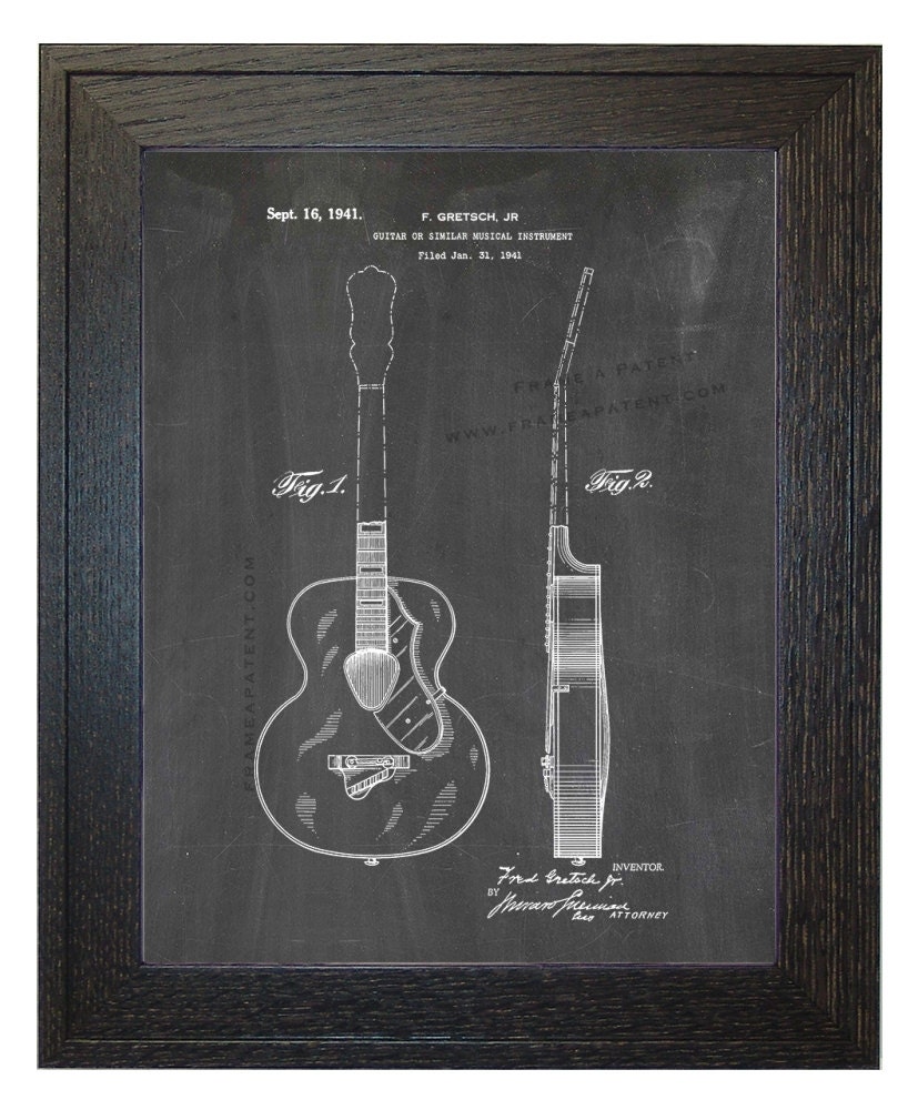 Framed Patent Art Guitar WITH Real Rustic Wood Frame