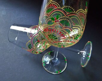 Christmas Wine Glasses, Hand Painted Wine Glasses, Holiday Wine Glasses