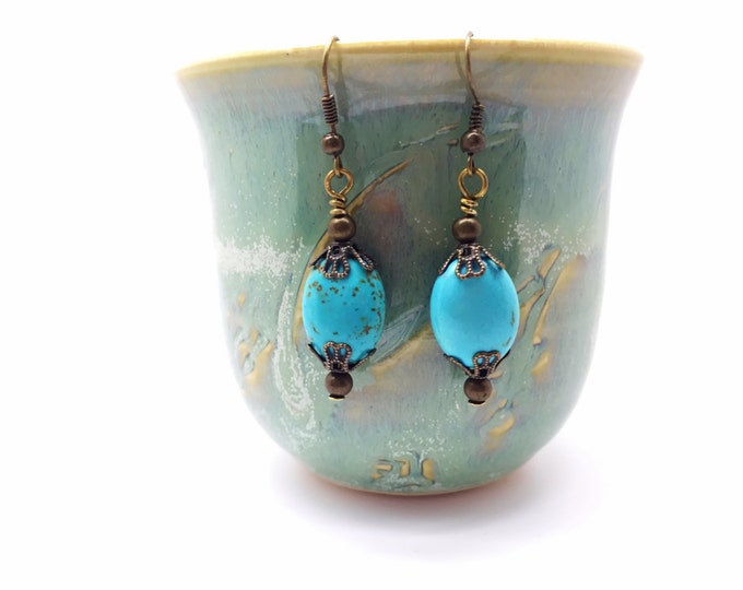 SOLD Turquoise brass long drop dangle earrings, Howlite turquoise brass earrings, Turquoise earrings, boho turquoise earrings