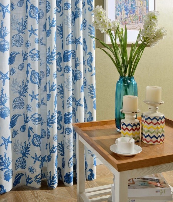 Two Custom White And Blue Nautical Curtains Made to Order. Sea