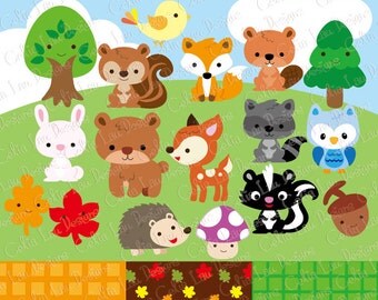 Woodland Clipart, Woodland Digital Clipart, Woodland Animal Digital Clipart, Woodland Animal Clipart, Digital paper Background (A025)