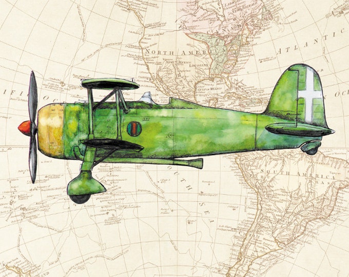 Airplane on vintage world map prints Military airplanes watercolor Prop aircrafts Set 6 prints Retro airplane decor Boy's nursery wall art