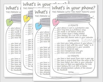 What's in your phone? Baby Shower Game Printable DIY Cell Phone Mason Jar - girl - boy - gender neutral - pink, blue, yellow & green hearts