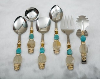 6 Piece Hostess Serving Set,Turquoise,Blue,Beaded,Kitchen,Utensils,Serving,Dining,Holiday,Christmas,Wedding,Hostess,Gift,Diwali,Indian,Boxed