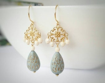Gold dangle earrings, gold drop earrings, light blue earrings, long gold earrings, gold chandelier earrings, beaded earrings, gift for her