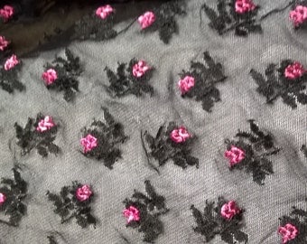 Stretch Spandex Lycra Mesh Fabric - 4-way stretch black mesh with fuchsia pink embroidered roses fabric - 42" wide