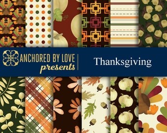 Thanksgiving digital paper, Turkey, Pumpkin digital paper, Fall scrapbook paper, Autumn digital paper, Acorn, digital paper pack of 12