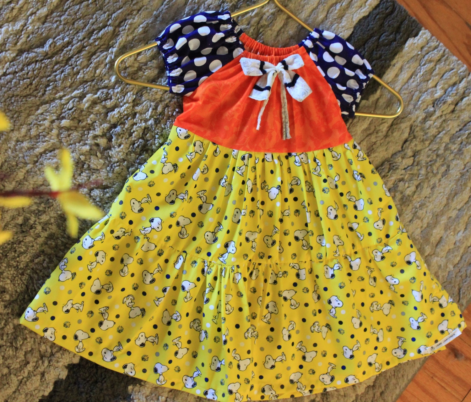 Snoopy Dress for girls. Polka Dots sleeves. Orange Bodies