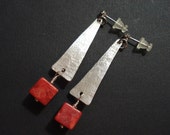 Unique Handmade Silver and Coral Earrings-Hammered German Silver and Red Coral Beads-Dangle Contemporary Earrings