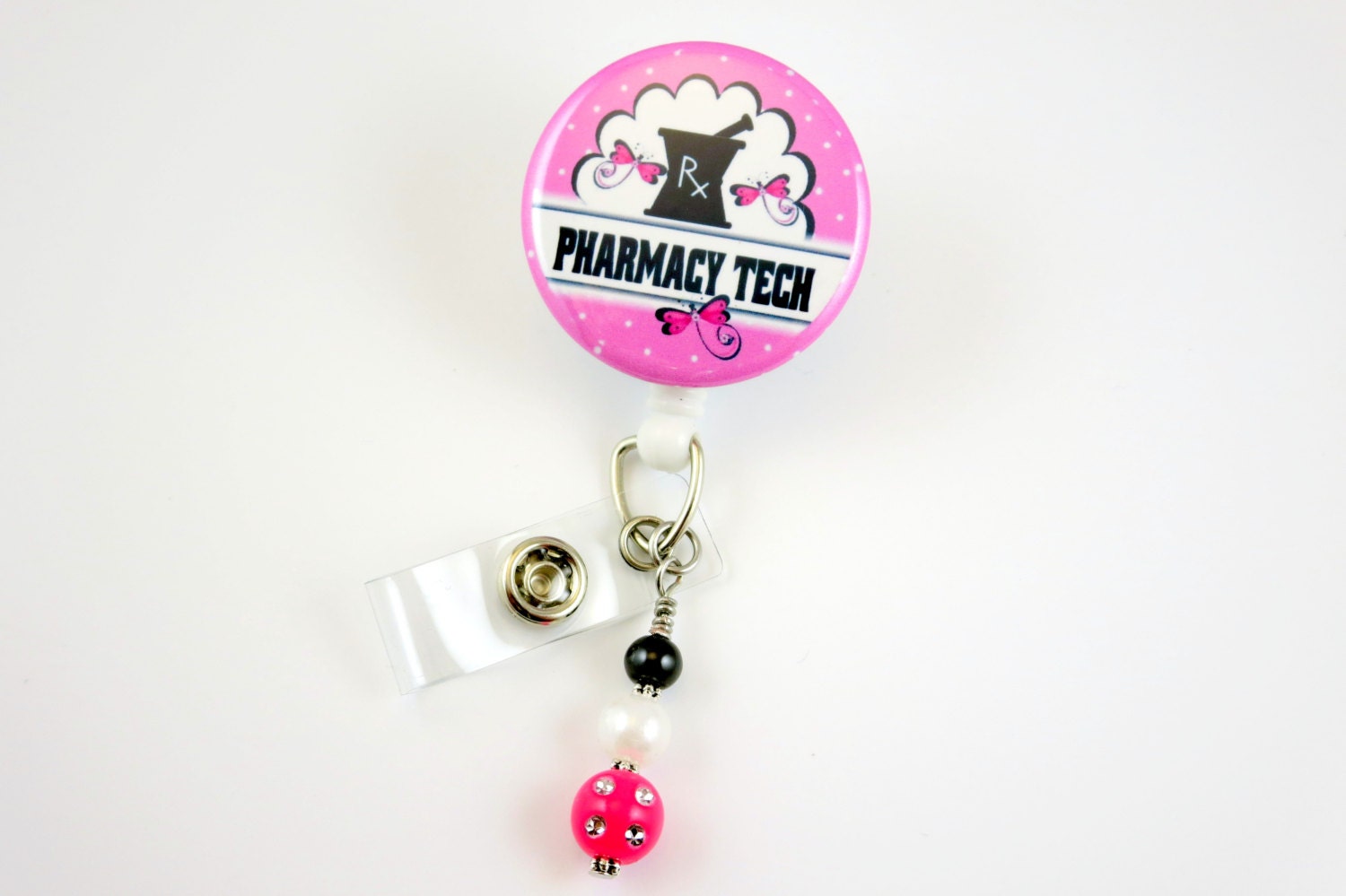 Pharmacy Tech RX Pink Retractable ID Badge Holder Name Badge