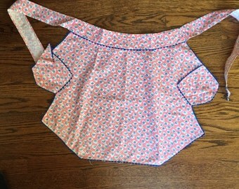 Vintage Pink and Blue Full Apron, Bib Apron, 1940's, Blue Rick Rack Trim