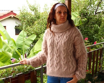 New Hand Knitted Mohair Sweater,Beige , Thick and Fuzzy Pullover,Handmade