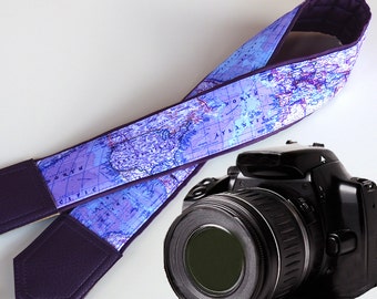 Purple camera strap Map. World map neck camera straps. DSLR and SLR camera strap. Camera accessories. Great gifts by InTePro