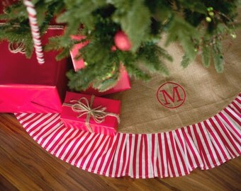 Preppy Monogram Stripe Burlap Christmas Tree Skirt