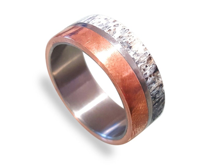 Titanium Ring, Deer Antler Ring, Antler Ring, Mens Titanium Wedding Band, Copper Inlay