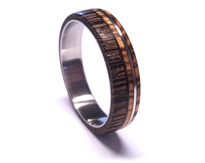 Titanium Ring, Titanium Band with Zebrano and Wenge Wood Inlay