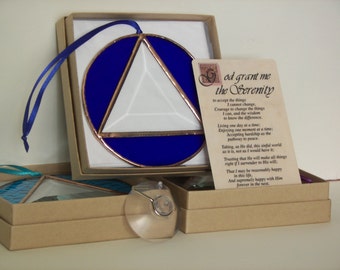 AA Recovery Symbol Stained Glass, Serenity Prayer, Gift Set, Stained Glass Recovery Symbol, Recovery Symbol Blue