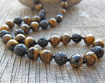 Tiger eye necklace Mens necklace Surfer necklace Black lava necklace Men's necklace Beaded necklace Mens Jewellery for Mens stone necklace