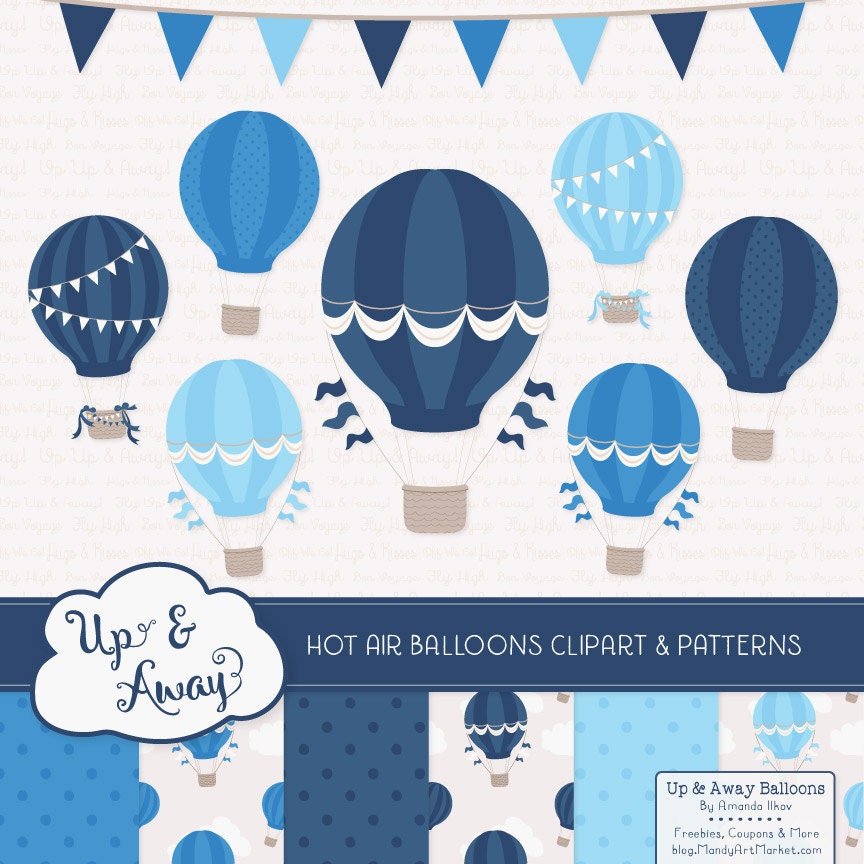 Shades of Blue Hot Air Balloons Clipart with Digital Papers