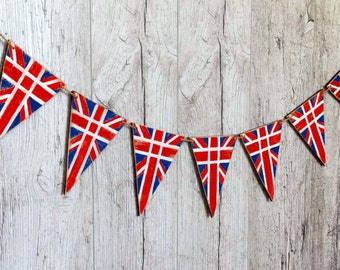 Union Jack bunting UK flag British banner Wood Patriotic banner British party Red Blue White banner 7 double sided flags British decor