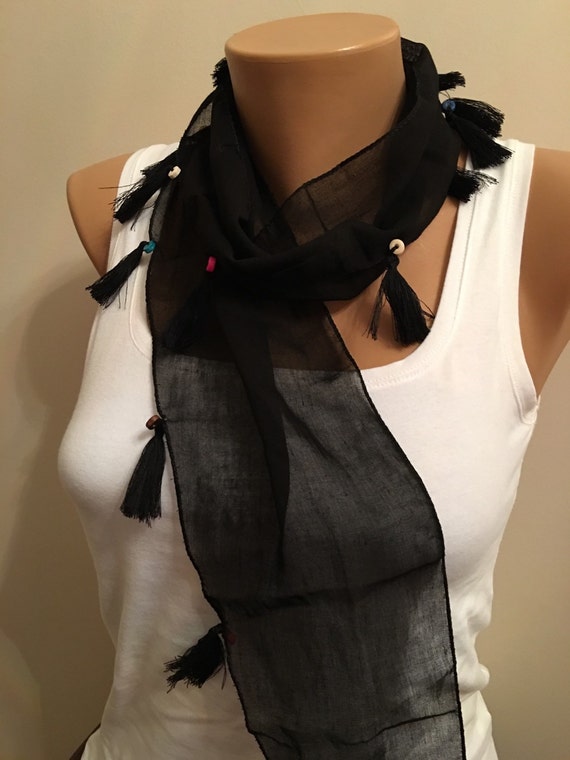 Tassel Black Cotton Scarf Black Acccessories Tassel Edge