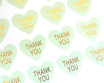 48 Heart Shaped Mint Green and Gold 'Thank you' Stickers 3cm