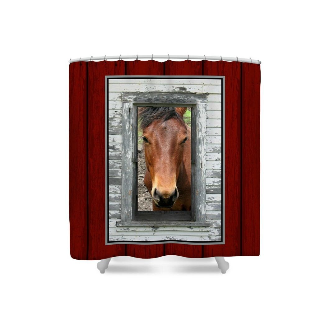 Barn Red Horse In Window Shower Curtain Rustic by FolkandFunky