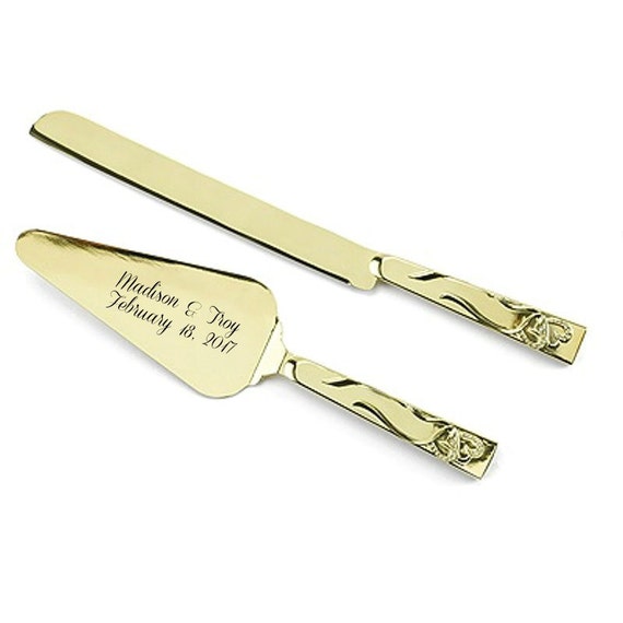  Wedding  Cake  Server  and Knife  Set  Personalized For Free Gold 