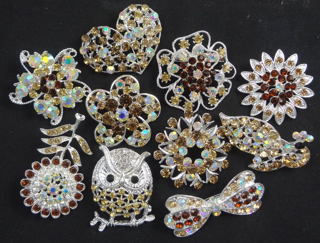 Wholesale Bulk Lot of 10 Rhinestone Crystal Brooches DIY