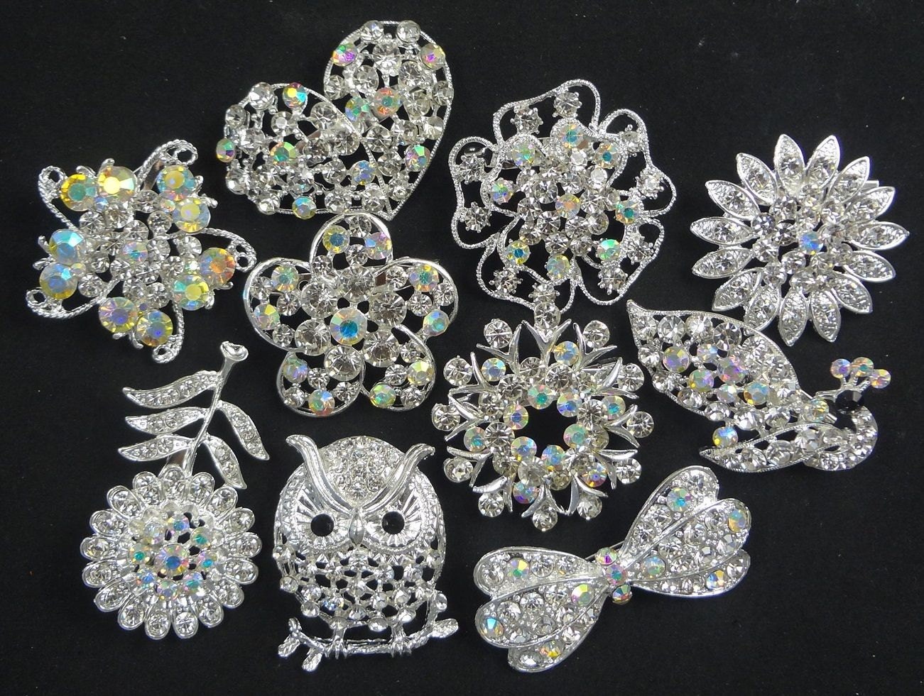 Wholesale Bulk Lot of 10 Rhinestone Crystal Brooches DIY