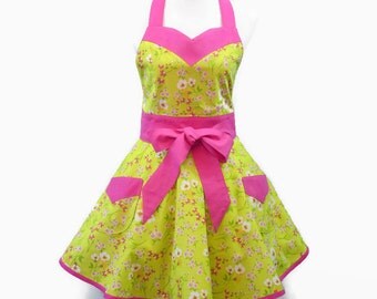Plus Retro Floral Apron, Plus Spring Apron, Large Pink Floral Apron, Plus Chartreuse Apron, Bridal Shower, Birthday, Plus Bridal Shower Gift